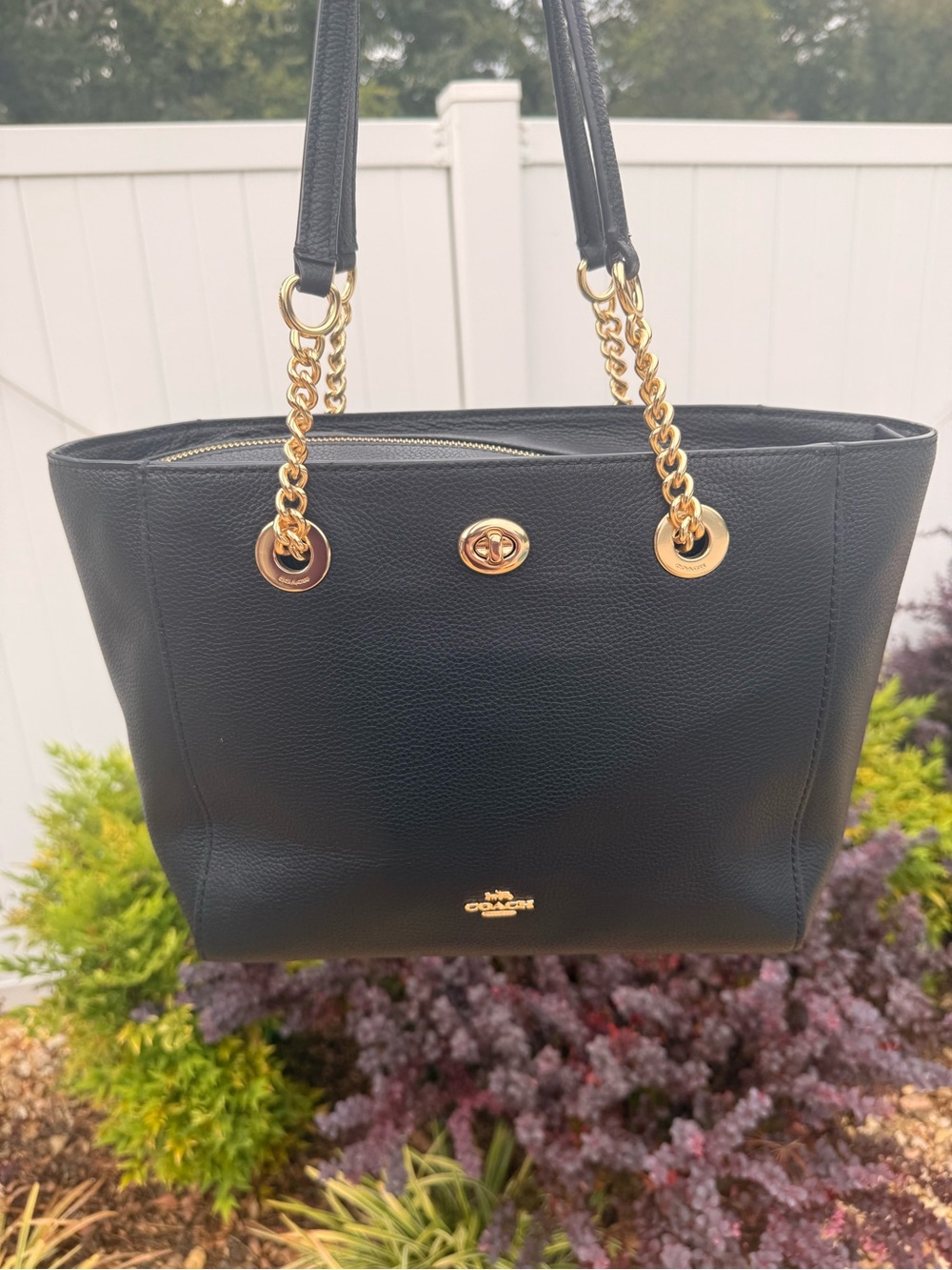 Coach Ava Black Leather Tote with Gold Chain Handles